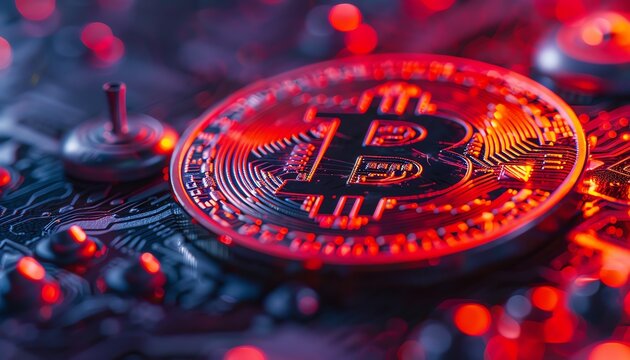 bitcoin security warning, close up, vibrant colors, double exposure silhouette with caution symbols