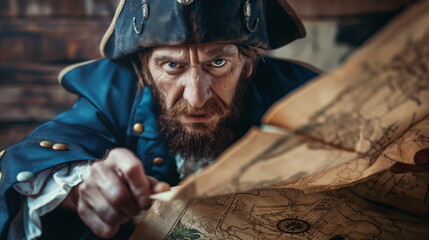 cunning pirate plotting his next treasure hunt while studying an old map