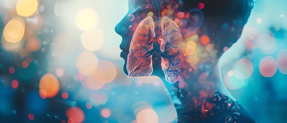 Double exposure of a human profile and lungs with bokeh lights background, symbolizing health, respiratory system, and inner life.