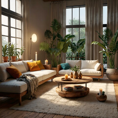 Indulge in the ultimate modern boho living room experience. Imagine a white sofa that invites you to unwind, a wooden table adorned with flickering candles, and natural decorations