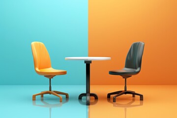 Modern office scene with two colorful chairs and a round table against a split blue and orange background, perfect for workspace and furniture concepts.