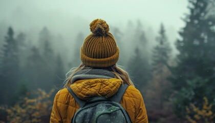 Woman in a yellow jacket and beanie standing in a misty forest, admiring the serene and foggy landscape, capturing the essence of adventure and solitude.