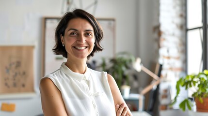 Confident business woman standing with arms crossed in modern office.