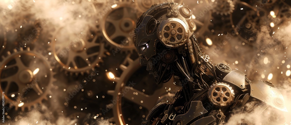 Poster the image is a close-up of a steampunk mechanical device