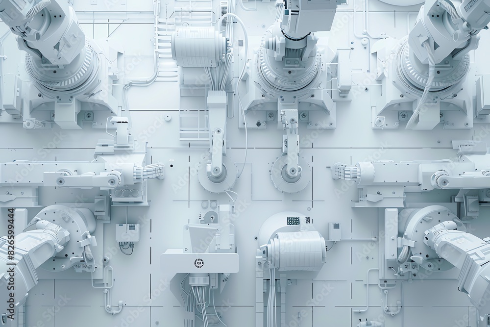 Poster high-tech robotic arms in a precise assembly line, showcasing advanced automation and engineering in