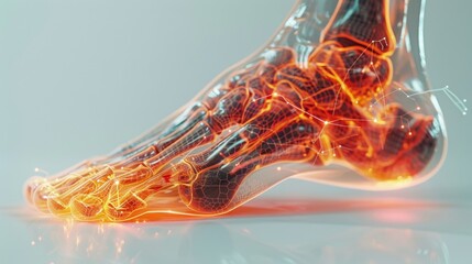 a person foot pain, overlaid with a red hologram and diagram of the foot joint.