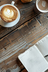 Flat lay of a coffee shop table with a latte, muffin, and notebook, ample space on one side for...