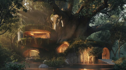 Multi tiered wooden treehouse wraps around an ancient tree, bathed in the warm glow of dawn