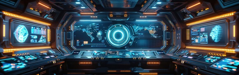 Obraz premium A futuristic space station filled with numerous screens and lights