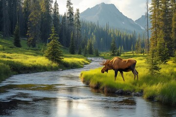 A calm handsome moose came to drink at a forest river and stands against the background of mountains and forests