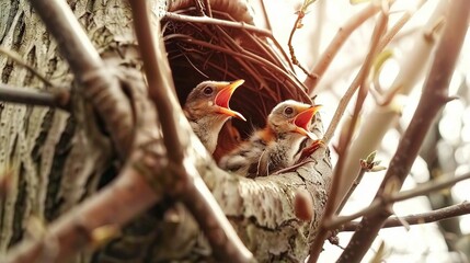   Two baby birds sit in a nest in a tree, with their beaks open and mouths agape - Powered by Adobe