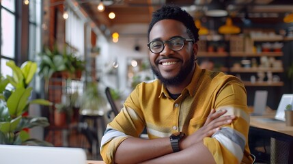 Fototapeta premium Successful Entrepreneur Celebrates in Vibrant Coworking Space