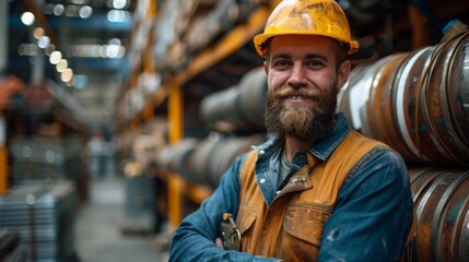 Shot of a handsome young bearded factory worker in uniform holding protective hardhat smiling joyfully to the camera posing