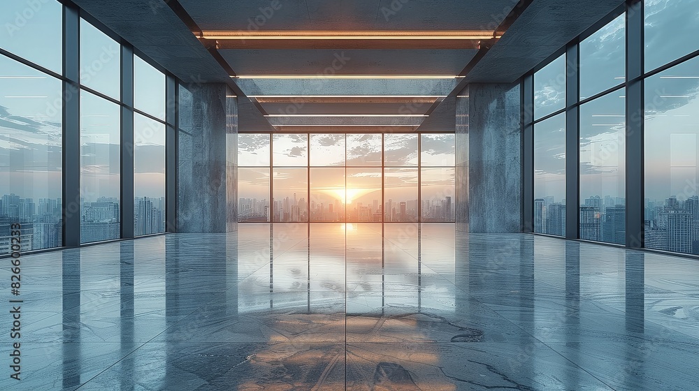 Poster An empty modern office with expansive windows offering a view of the cityscape.