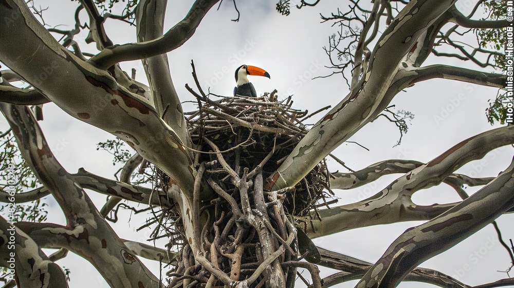 Poster bird atop nest in tree with toucan in beak