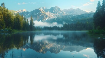 Serene and Picturesque Alpine Lake Surrounded by Majestic Mountains and Lush Evergreen Forests in Early Morning Light