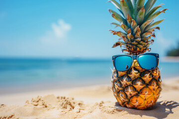 Pineapple with Sunglasses on the Beach (generative AI)