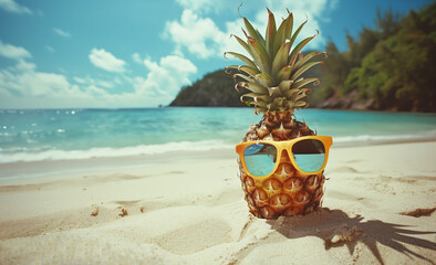 Pineapple with Sunglasses on the Beach (generative AI)