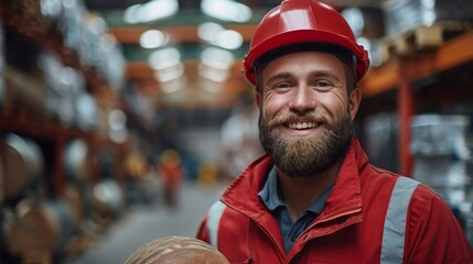Shot of a handsome young bearded factory worker in uniform holding protective hardhat smiling joyfully to the camera posing