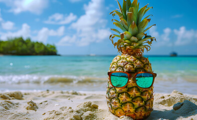 Pineapple with Sunglasses on the Beach (generative AI)