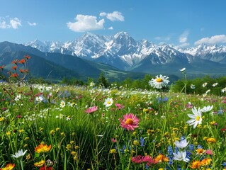 Vibrant Alpine Meadow with Towering Snow Capped Mountains in the Background and Colorful Wildflowers under a Clear Blue Sky