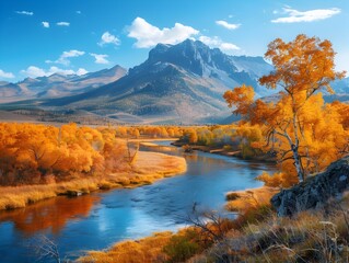 Obraz premium Vibrant Autumn Mountain Landscape with Winding River and Serene Scenic Beauty