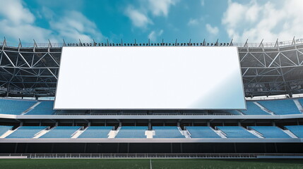 Soccer stadium featuring a pristine white billboard ready for advertising, under a clear sky