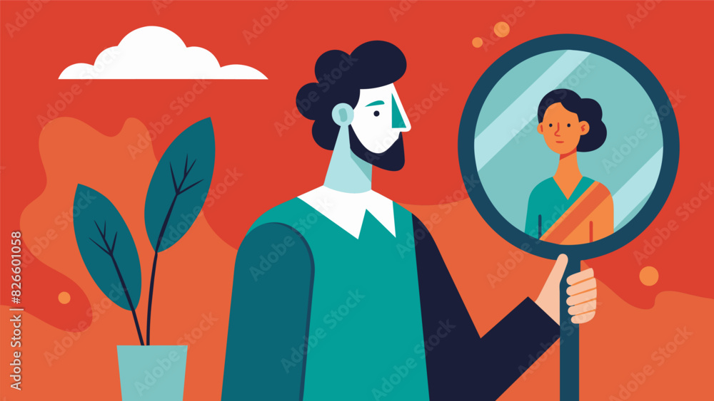 Poster A selfportrait with a mirror held in front reflecting back the persons own drawing symbolizing the idea of selfreflection and introspection.. Vector illustration
