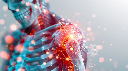 Detailed view of a person shoulder pain, overlaid with a red hologram and bone diagram