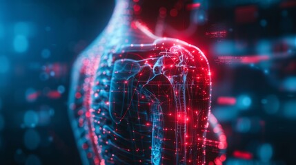 Detailed view of a person shoulder pain, overlaid with a red hologram and bone diagram