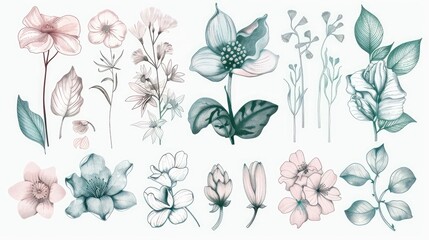 Set of hand drawn line art in spring hues for watercolor painting