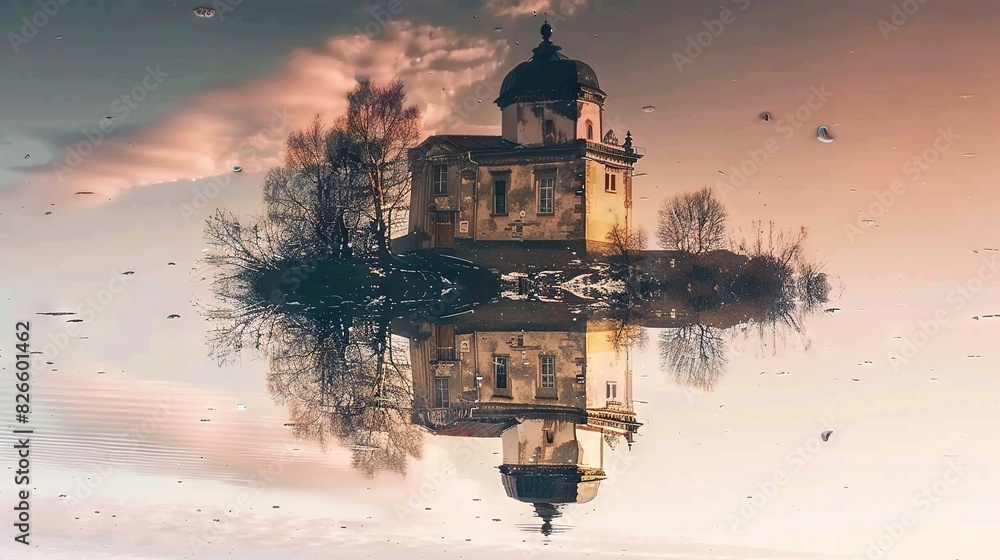 Poster reflecting building in water with a tree and cloud backdrop
