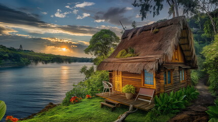 Rustic tropical wooden cabin on stilts overlooks a serene lake, nestled in lush greenery with morning mist rising in the background