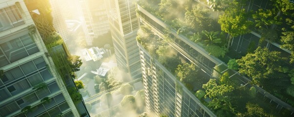 The photo depicts a futuristic city with skyscrapers covered in lush greenery, showcasing a harmonious blend of urban development and nature.