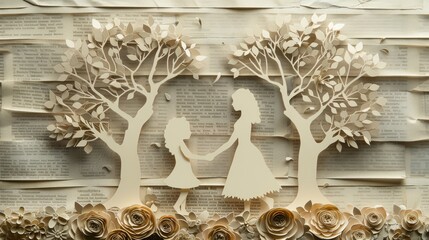 A delicate paper art piece of two figures holding hands under trees, surrounded by flowers. The serene, monochromatic design evokes a sense of peace and connection.