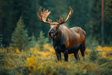 Majestic and calm moose with mighty horns rises against the background
of golden and red shades of the autumn forest