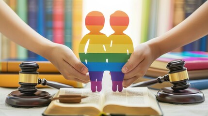 Two hands holding a rainbow-colored cutout of two figures over an open book, with gavels nearby. The scene represents equality, justice, and support for LGBTQ rights. Thai: