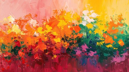 An oil painting bursts with vibrant colors, showcasing abstract textures and fragments of artistry on canvas. Burnt orange, yellow, pink, pine green