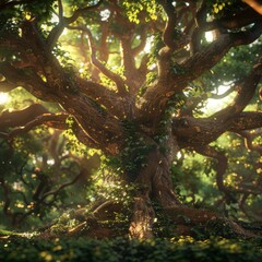 Fototapeta premium The photo shows a large tree with many branches and green leaves. The sun shines through the leaves.