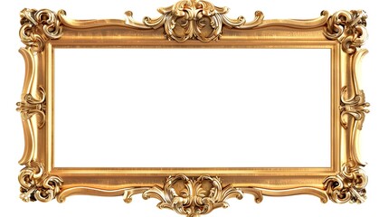 An antique-style painting frame made of golden wood that is rectangular in shape. complete transparent PNG. 