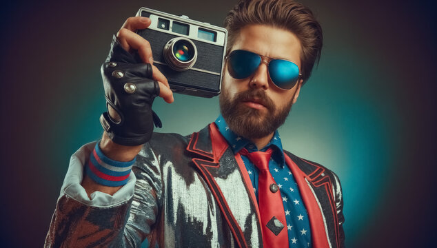 Photo of a stylish man in a shiny metallic jacket holding a camera, showing retro fashion and love for photography.