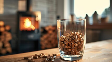 Obraz premium Wood pellet in a glass with a stove in the background