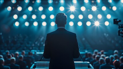 Confident Business Leader Announces Successful Results at Press Conference