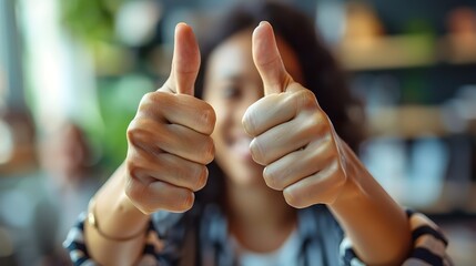 Successful Project Completion Celebrated by Enthusiastic Team Members Giving Thumbs Up in Vibrant Office Environment