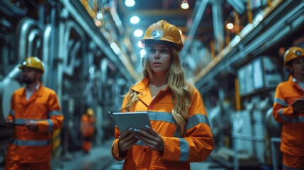 Three Diverse Multicultural Heavy Industry Engineers and Workers in Uniform Walk in Dark Steel Factory Using Flashlights on Their Hard Hats. Female Industrial Contractor is Using a Tablet Computer