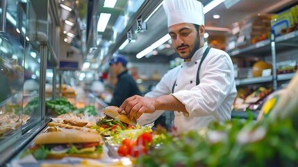 Obraz premium job, professional, chef, cook, cookery, kitchen, eatery, epicure, food, hotel, preparation, profession, uniform, catering, male, person, salad, vegetable, man, young, cutting, meal, dinner, fresh, com