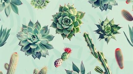 Cactus and succulent pattern on a mint green background