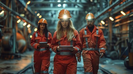 Three Diverse Multicultural Heavy Industry Engineers and Workers in Uniform Walk in Dark Steel Factory Using Flashlights on Their Hard Hats. Female Industrial Contractor is Using a Tablet Computer