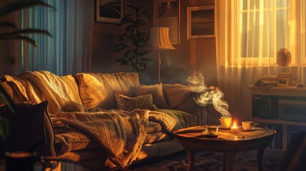 The warm sunlight shines through the window into a cozy living room