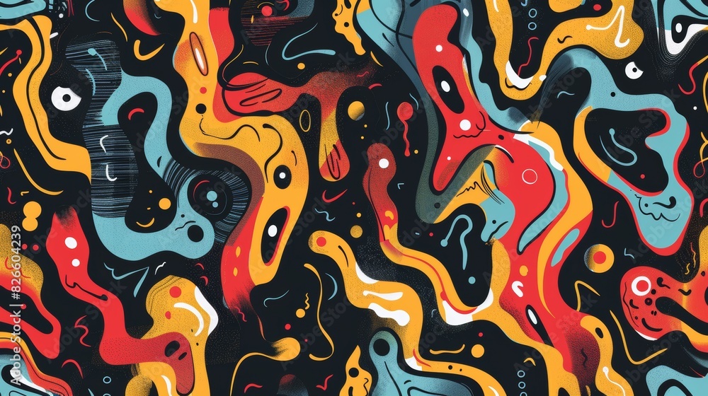 Poster funky abstract pattern with colorful shapes and squiggles